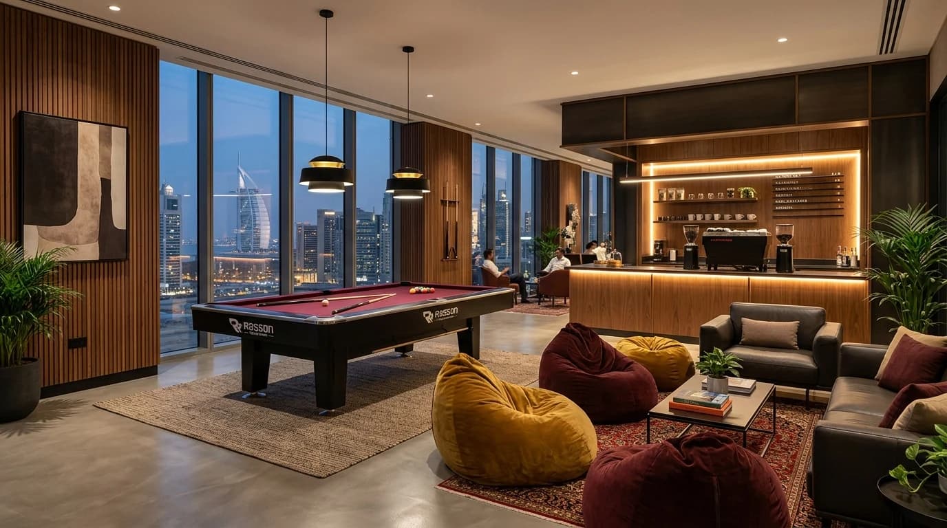 Exclusive Tenant Wellbeing Lounge with Pool Table at First Gulf Business Center Dubai